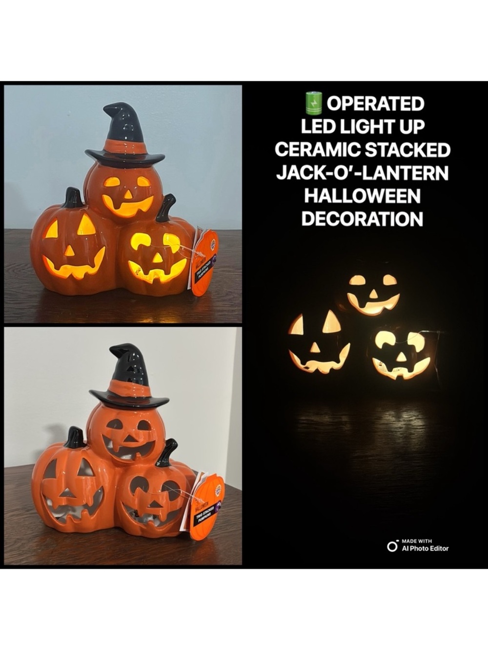NWT- LED Light Up- Ceramic Jack-o-lantern Pumpkin Trio Halloween Decoration 🎃